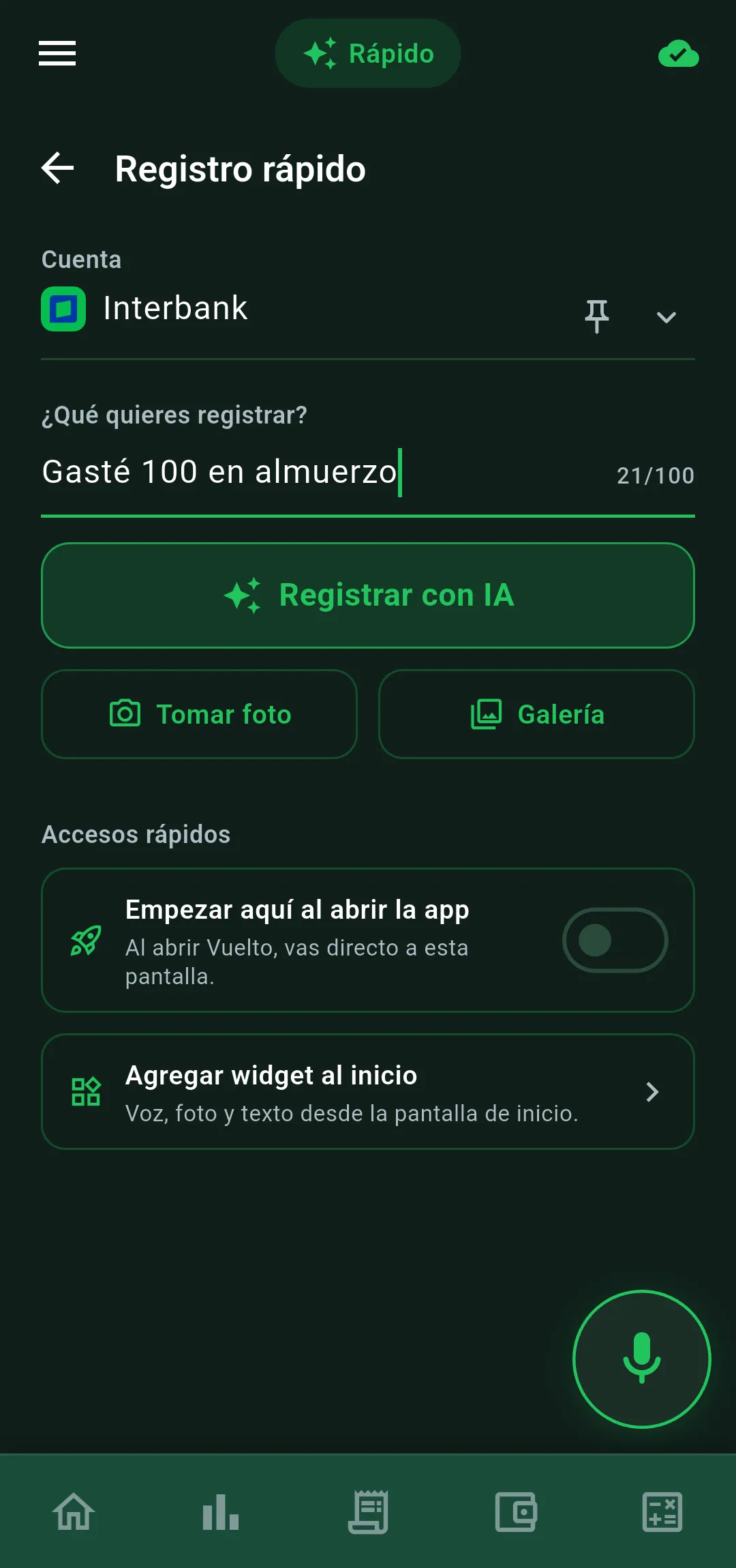 Pantalla Registrar rápido de Vuelto: escribe el gasto y la IA lo categoriza